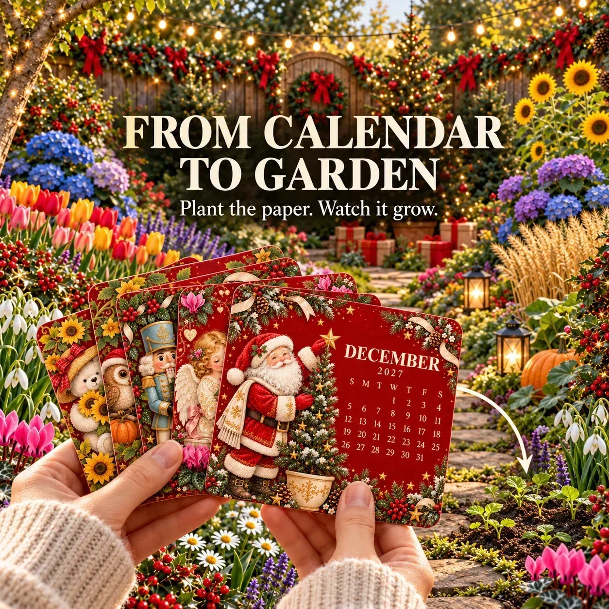 2027 Plantable Seed Calendar with vintage watercolor artwork and engraved wooden stand