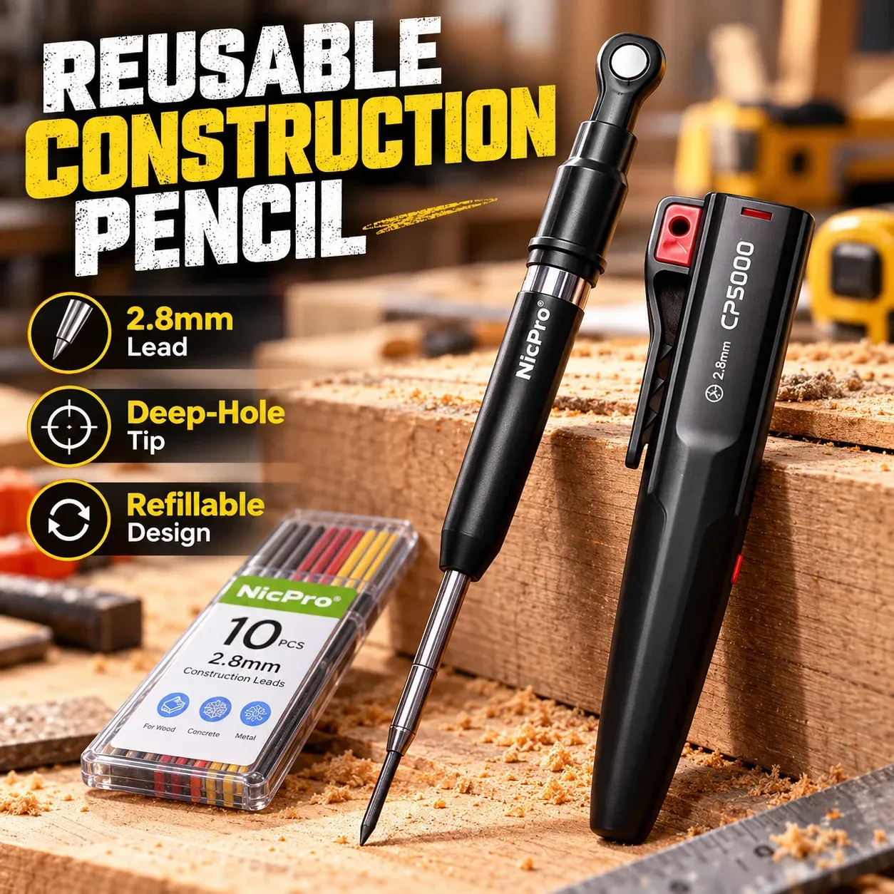 ✏️ Reusable Construction Pencil with FREE 10-Piece Lead Refill Case