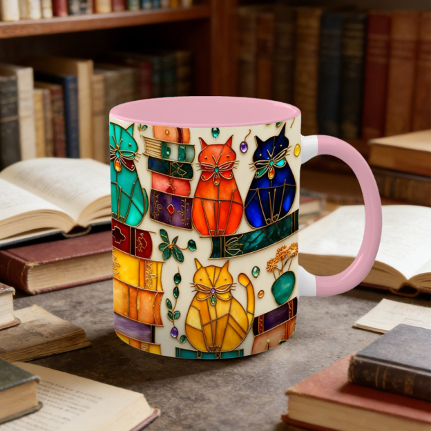 Stained Glass Look Bookish Cat Ceramic Mug | WSMug01