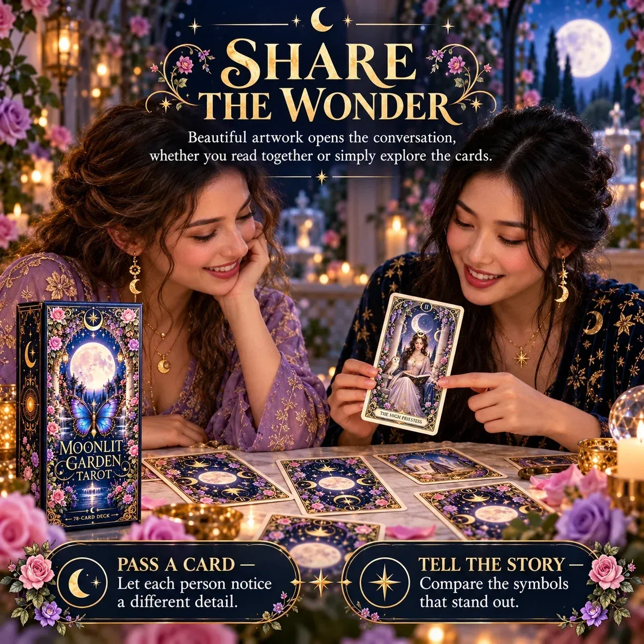 Two people exploring Moonlit Garden Tarot cards together