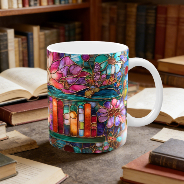 Stained Glass Look Bookshelf Floral Ceramic Mug | WSMug05