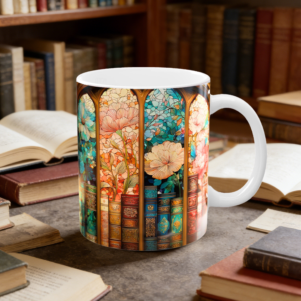 Stained Glass Look Bookshelf Floral Ceramic Mug | WSMug06