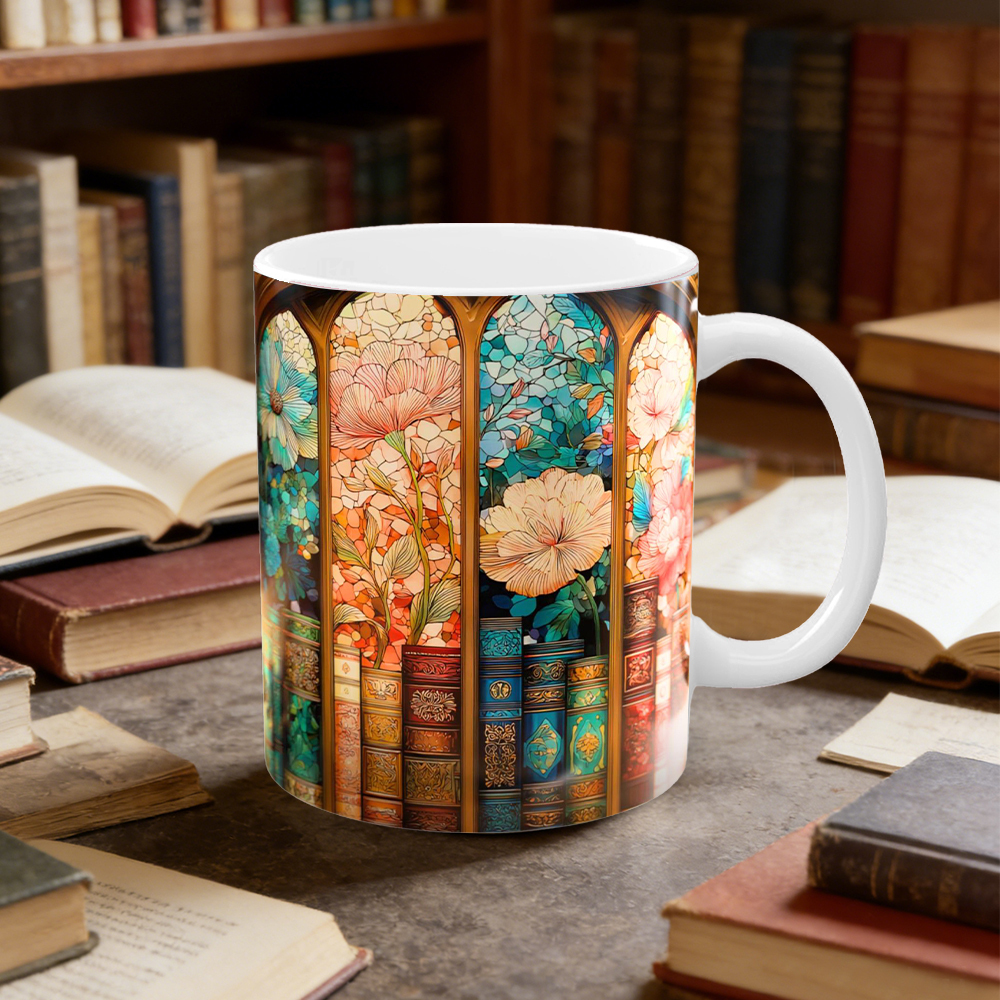Stained Glass Look Bookshelf Floral Ceramic Mug | WSMug06