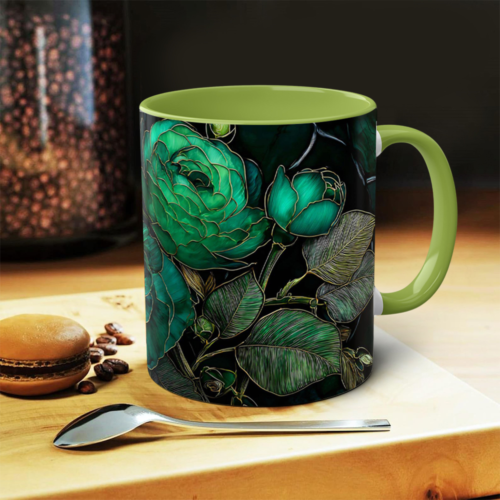 Dark Green Floral Ceramic Mug | WSMug44