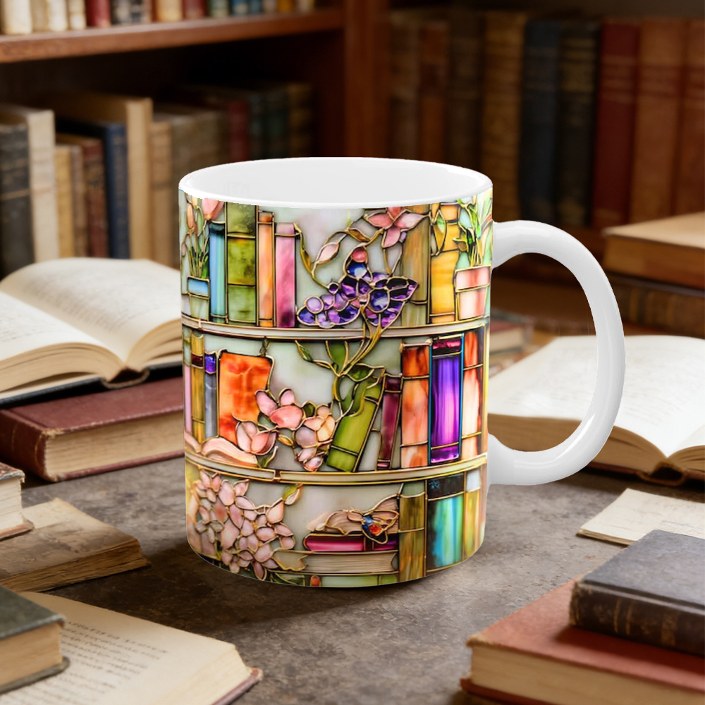 Stained Glass Look Floral Bookshelf Ceramic Mug | WSMug02