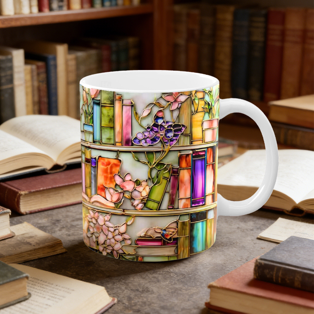 Stained Glass Look Floral Bookshelf Ceramic Mug | WSMug02