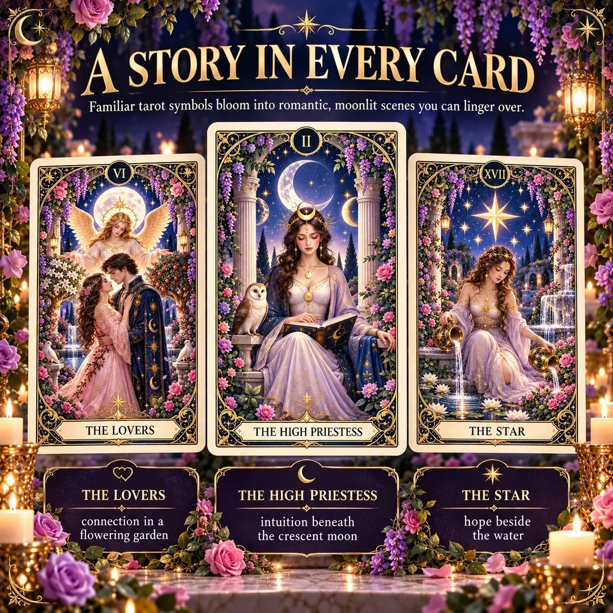 The Lovers, The High Priestess and The Star cards in the Moonlit Garden Tarot
