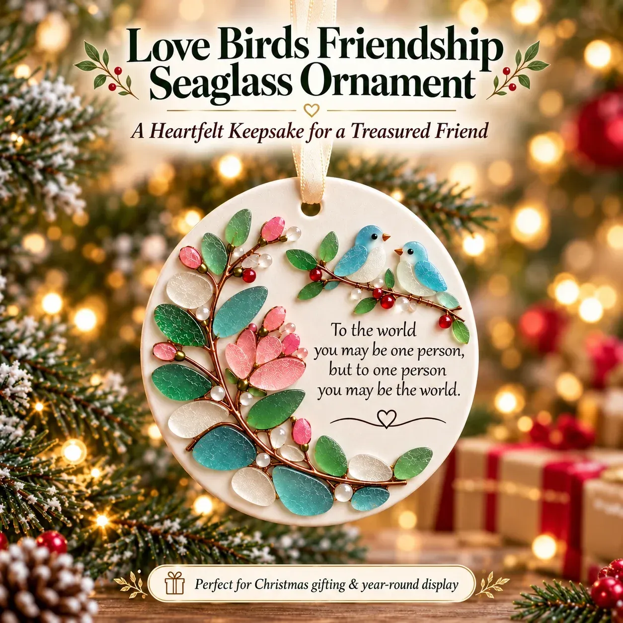 Love Birds Friendship Seaglass Ornament with two blue birds on a flowering branch
