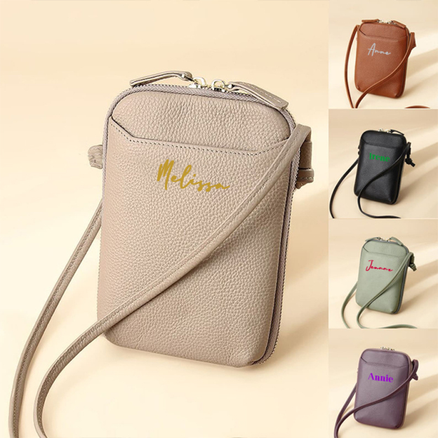 Personalized Adjustable Strap Zip Card Slot Leather Phone Bags | OFBag01