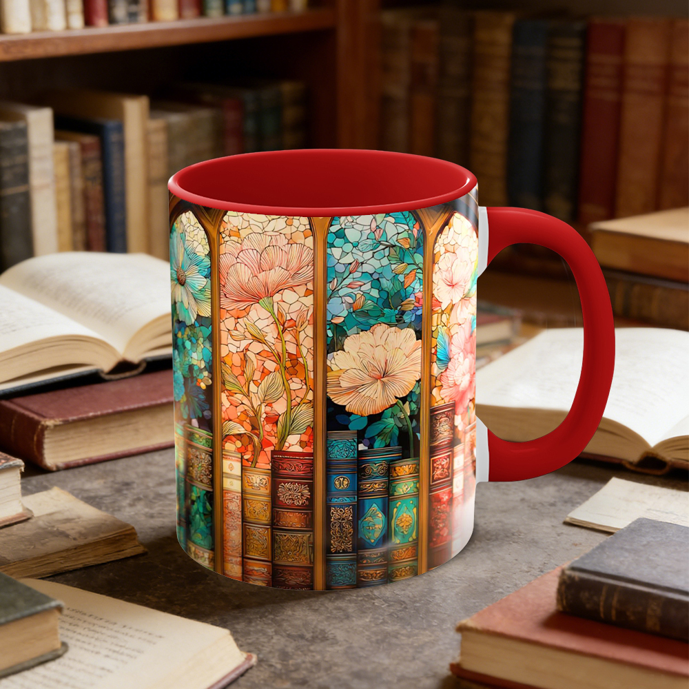 Stained Glass Look Bookshelf Floral Ceramic Mug | WSMug06