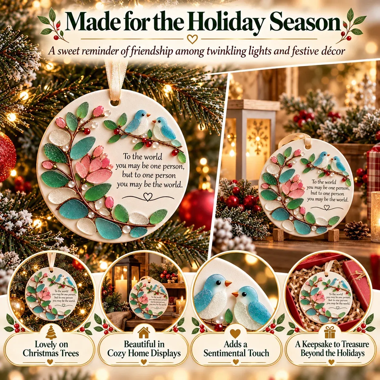Ornament displayed on a Christmas tree among twinkling lights