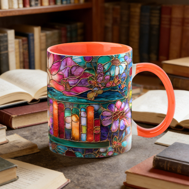 Stained Glass Look Bookshelf Floral Ceramic Mug | WSMug05