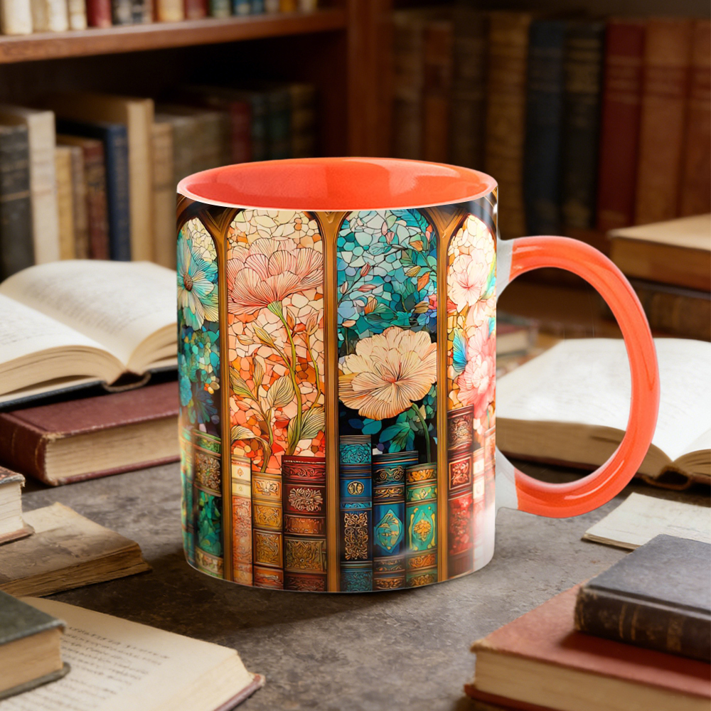Stained Glass Look Bookshelf Floral Ceramic Mug | WSMug06