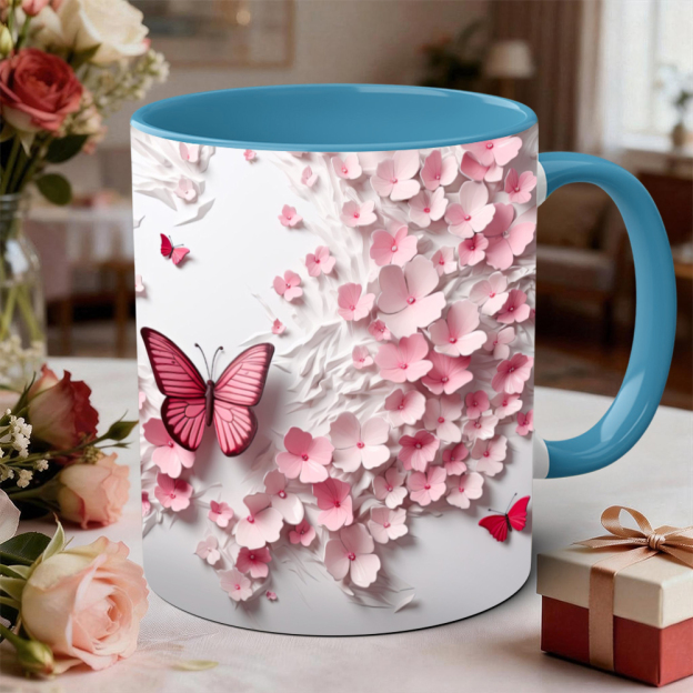Butterfly And Pink Flower Ceramic Mug | WSMug45