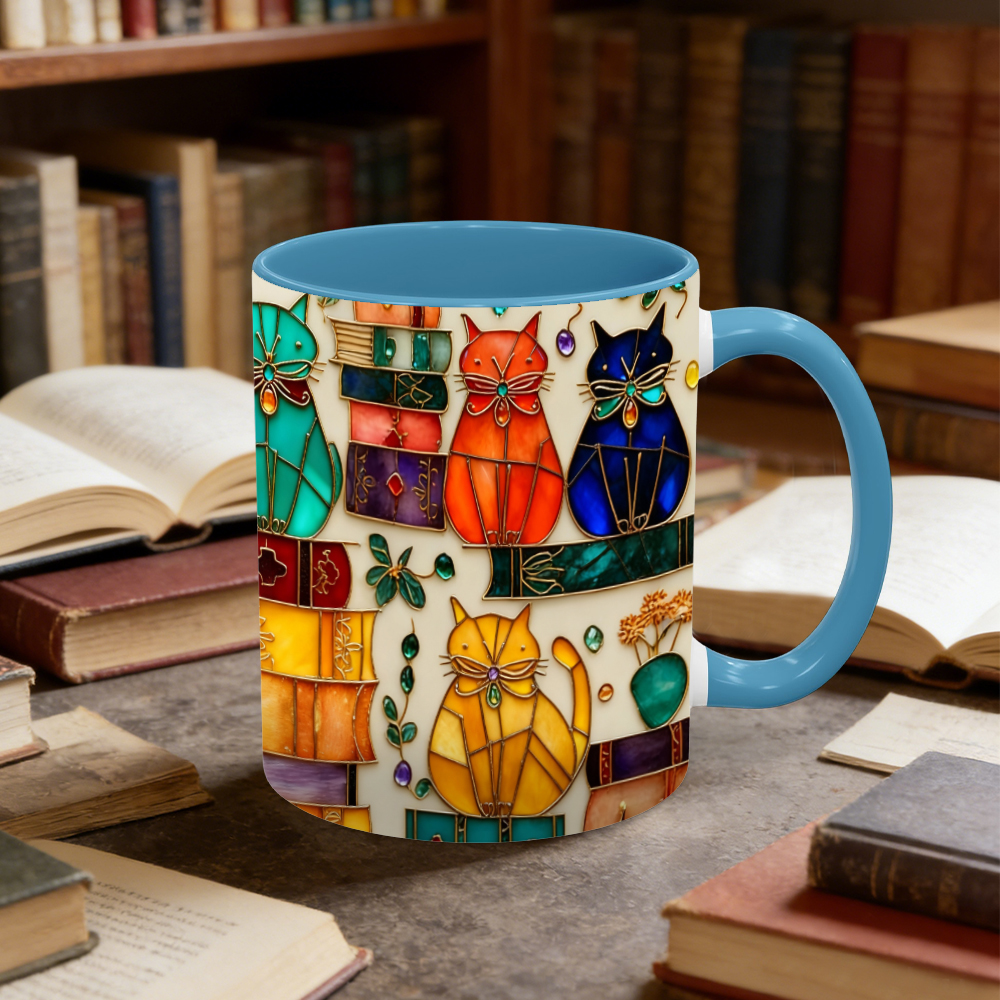 Stained Glass Look Bookish Cat Ceramic Mug | WSMug01