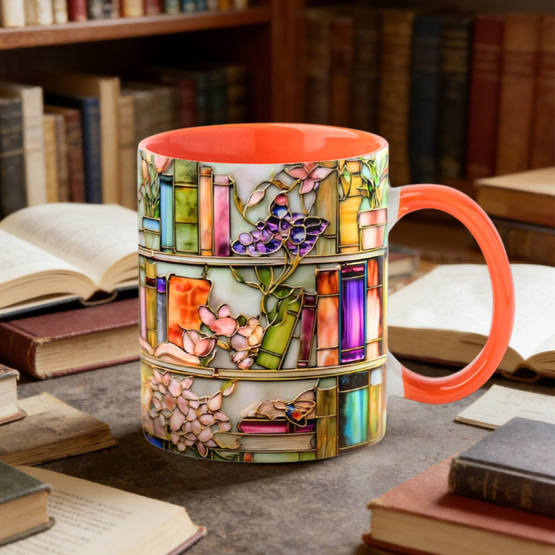Stained Glass Look Floral Bookshelf Ceramic Mug | WSMug02