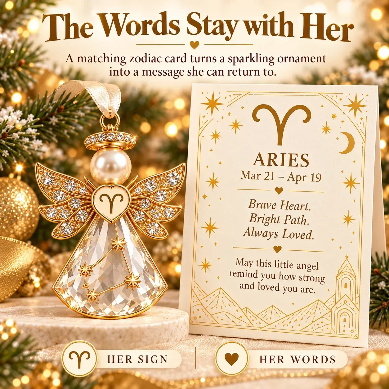 Close view of a zodiac message card beside its matching keepsake