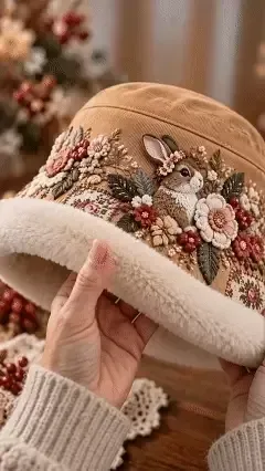 Cozy Winter Garden Bucket Hat in camel tone with cream plush trim and embroidered garden design