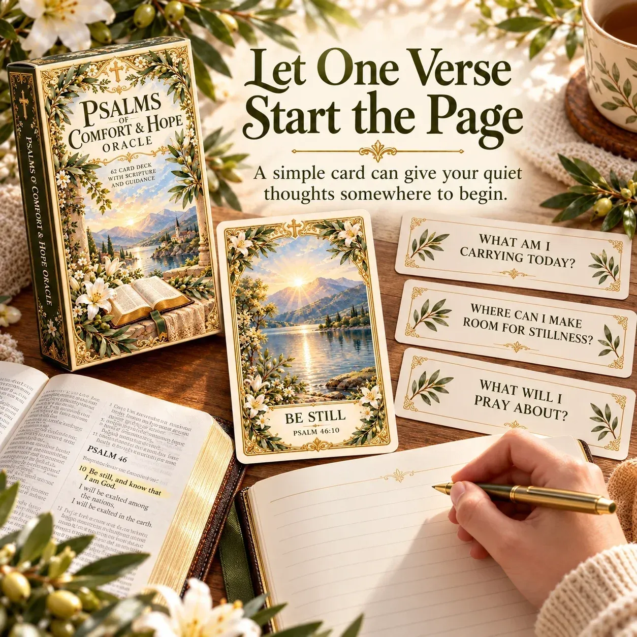 Scripture card beside an open Bible and a personal journal