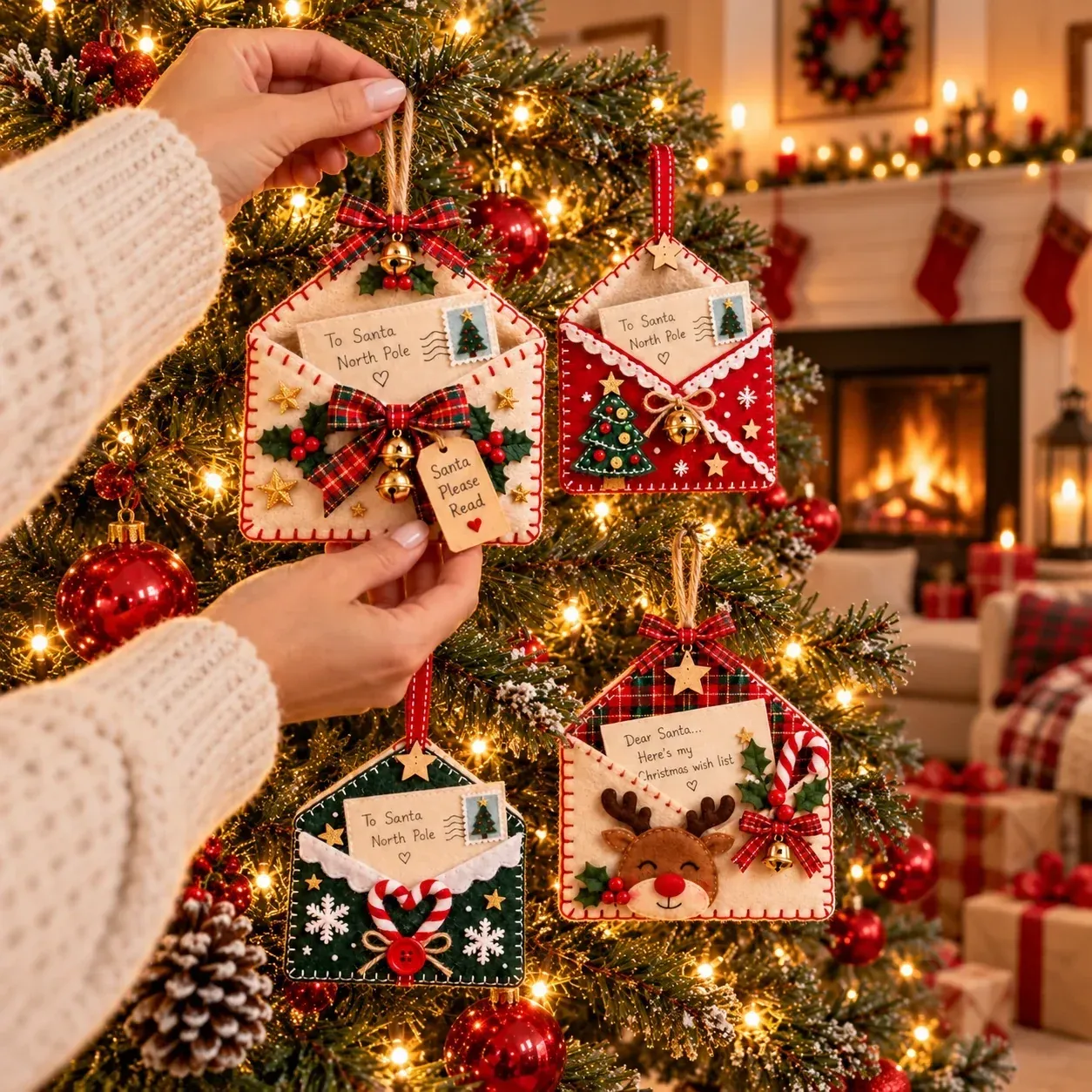 Holiday envelope ornament designs with reindeer, gingerbread and Christmas accents