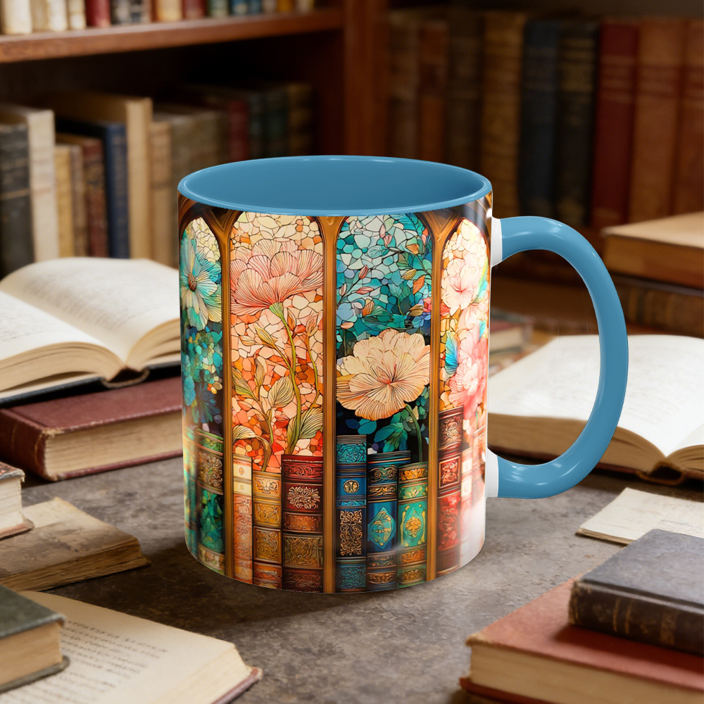 Stained Glass Look Bookshelf Floral Ceramic Mug | WSMug06