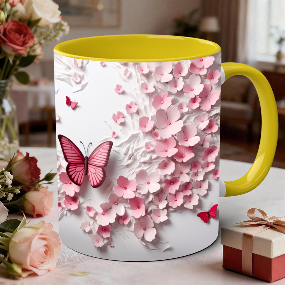 Butterfly And Pink Flower Ceramic Mug | WSMug45