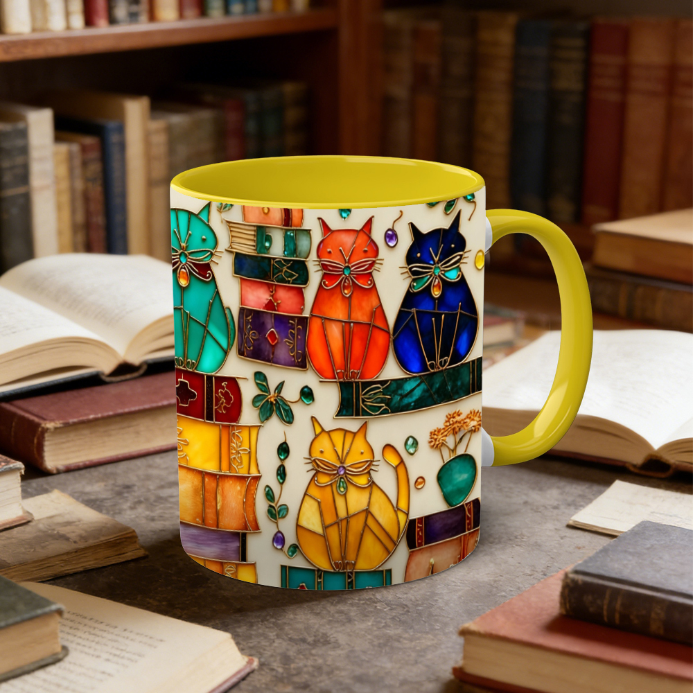 Stained Glass Look Bookish Cat Ceramic Mug | WSMug01