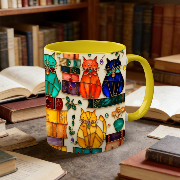 Stained Glass Look Bookish Cat Ceramic Mug | WSMug01