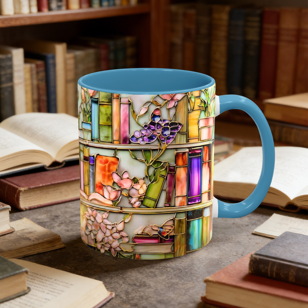 Stained Glass Look Floral Bookshelf Ceramic Mug | WSMug02