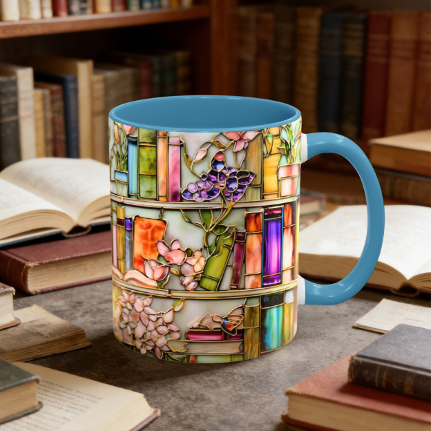 Stained Glass Look Floral Bookshelf Ceramic Mug | WSMug02
