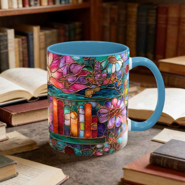 Stained Glass Look Bookshelf Floral Ceramic Mug | WSMug05