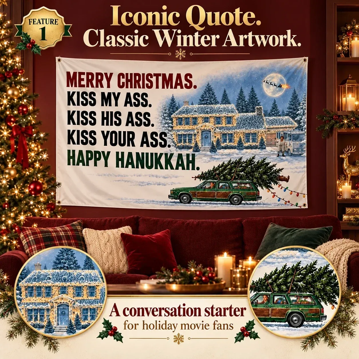 Funny Christmas quote flag showing detailed winter artwork