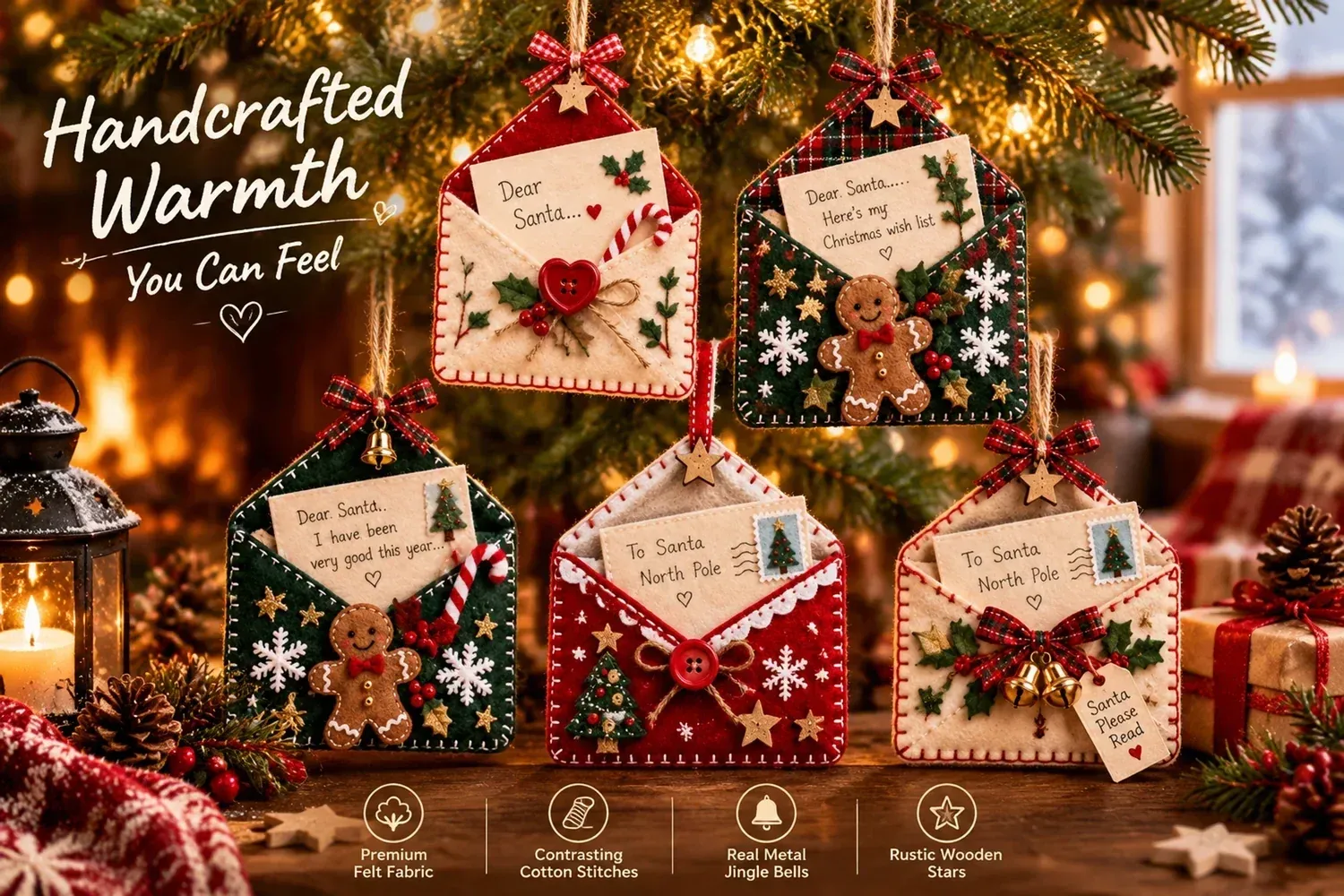 Felt stitching and decorative Christmas details with metal jingle bells