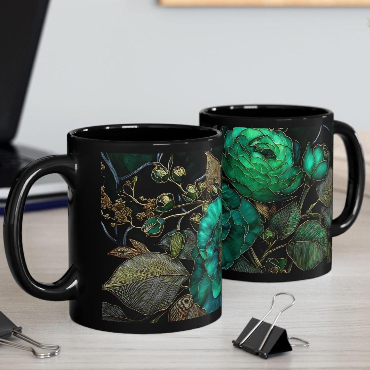 Dark Green Floral Ceramic Mug | WSMug44