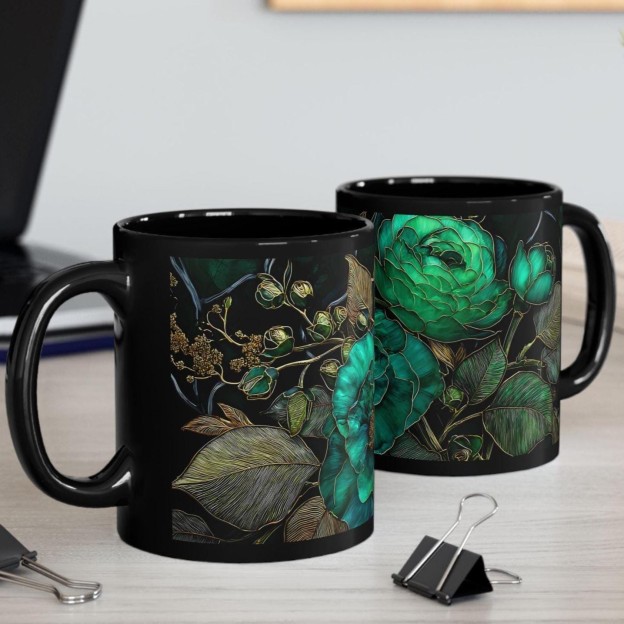 Dark Green Floral Ceramic Mug | WSMug44