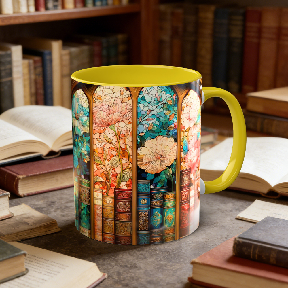 Stained Glass Look Bookshelf Floral Ceramic Mug | WSMug06