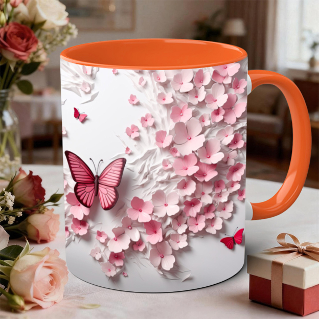 Butterfly And Pink Flower Ceramic Mug | WSMug45
