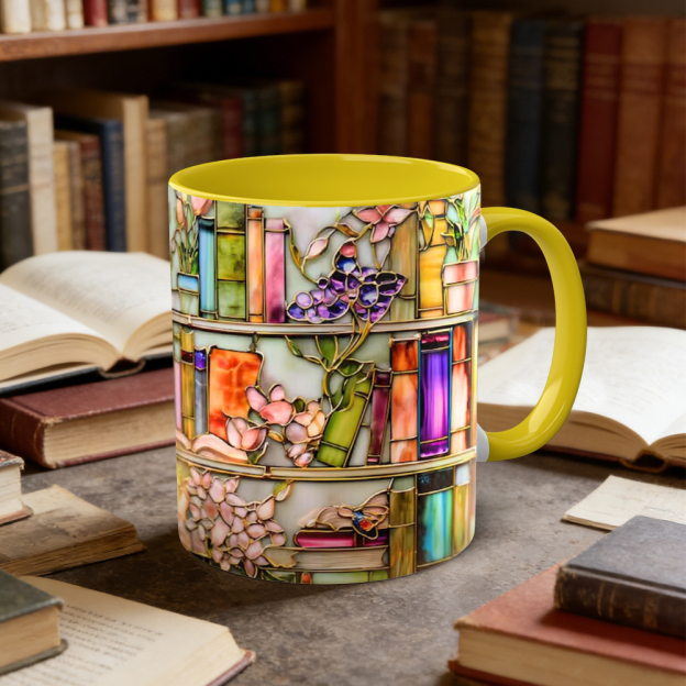 Stained Glass Look Floral Bookshelf Ceramic Mug | WSMug02