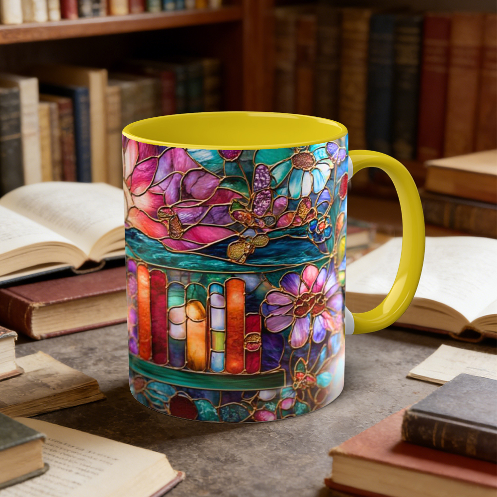 Stained Glass Look Bookshelf Floral Ceramic Mug | WSMug05