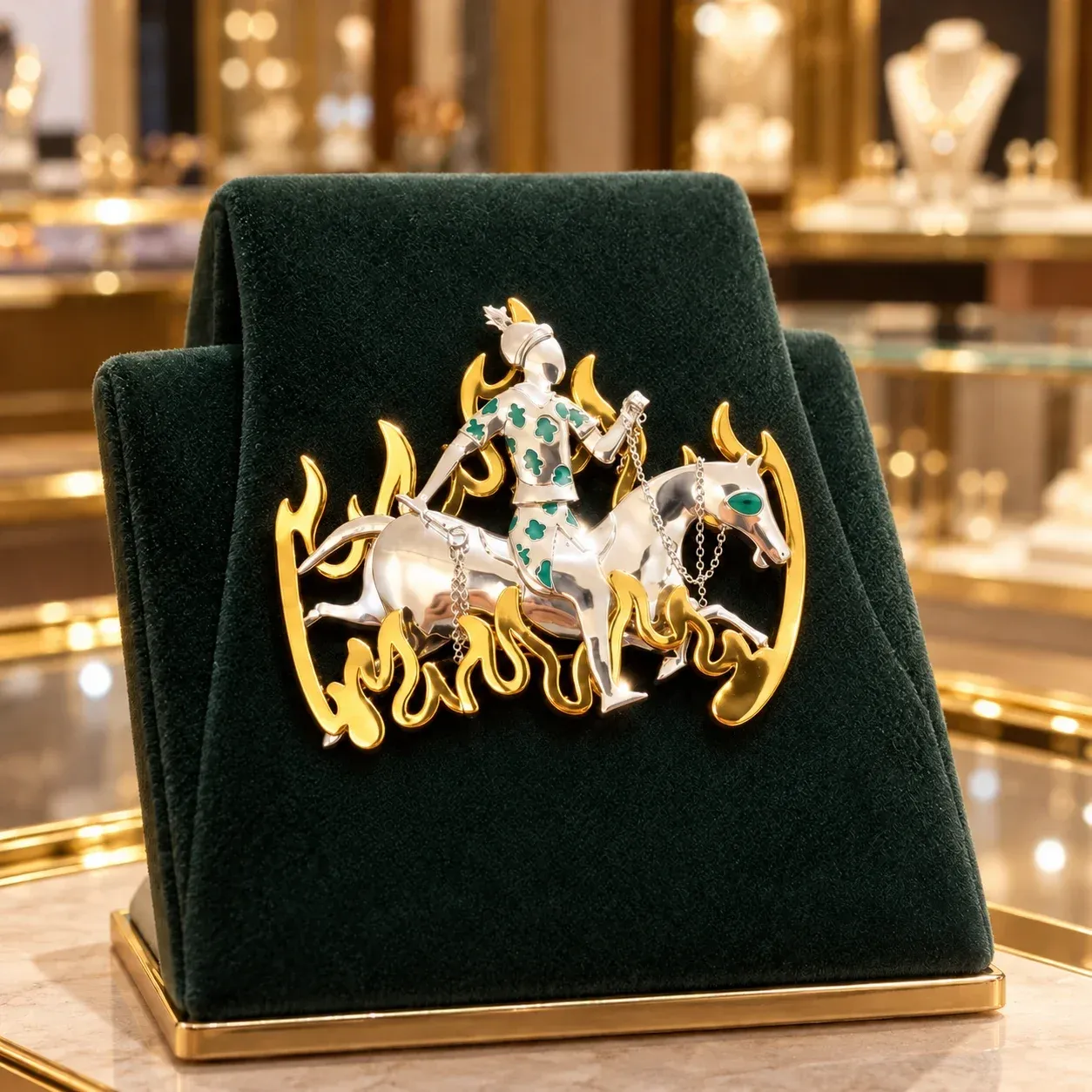 Sculpted horse and rider with golden flames