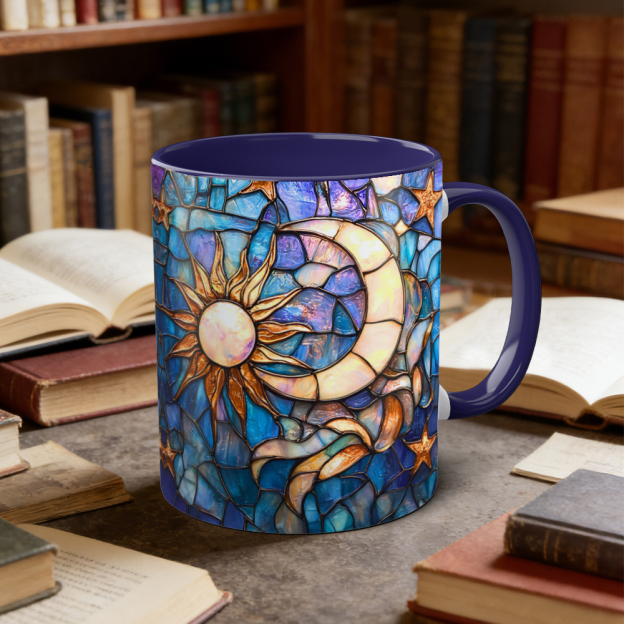 Stained Glass Look Celestial Moon and Stars Ceramic Mug | WSMug03