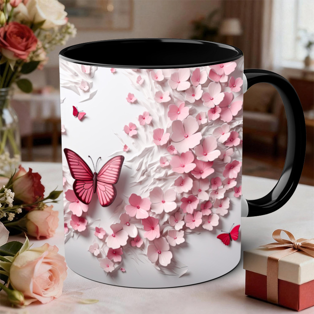 Butterfly And Pink Flower Ceramic Mug | WSMug45