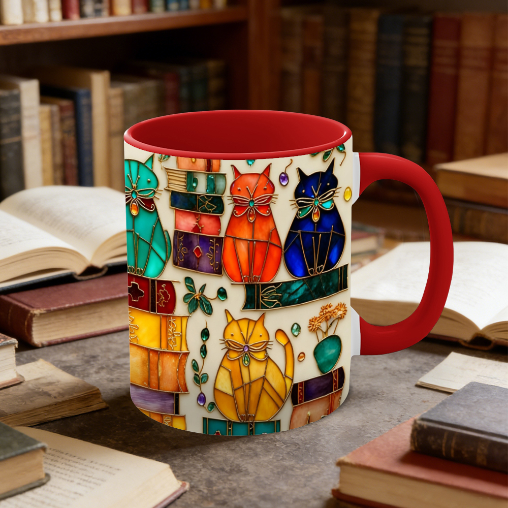 Stained Glass Look Bookish Cat Ceramic Mug | WSMug01