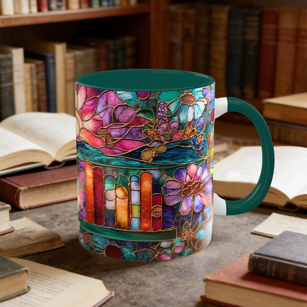 Stained Glass Look Bookshelf Floral Ceramic Mug | WSMug05