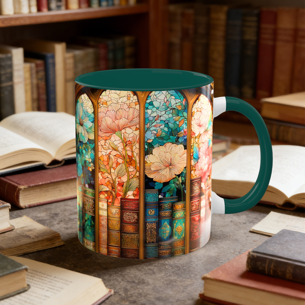 Stained Glass Look Bookshelf Floral Ceramic Mug | WSMug06