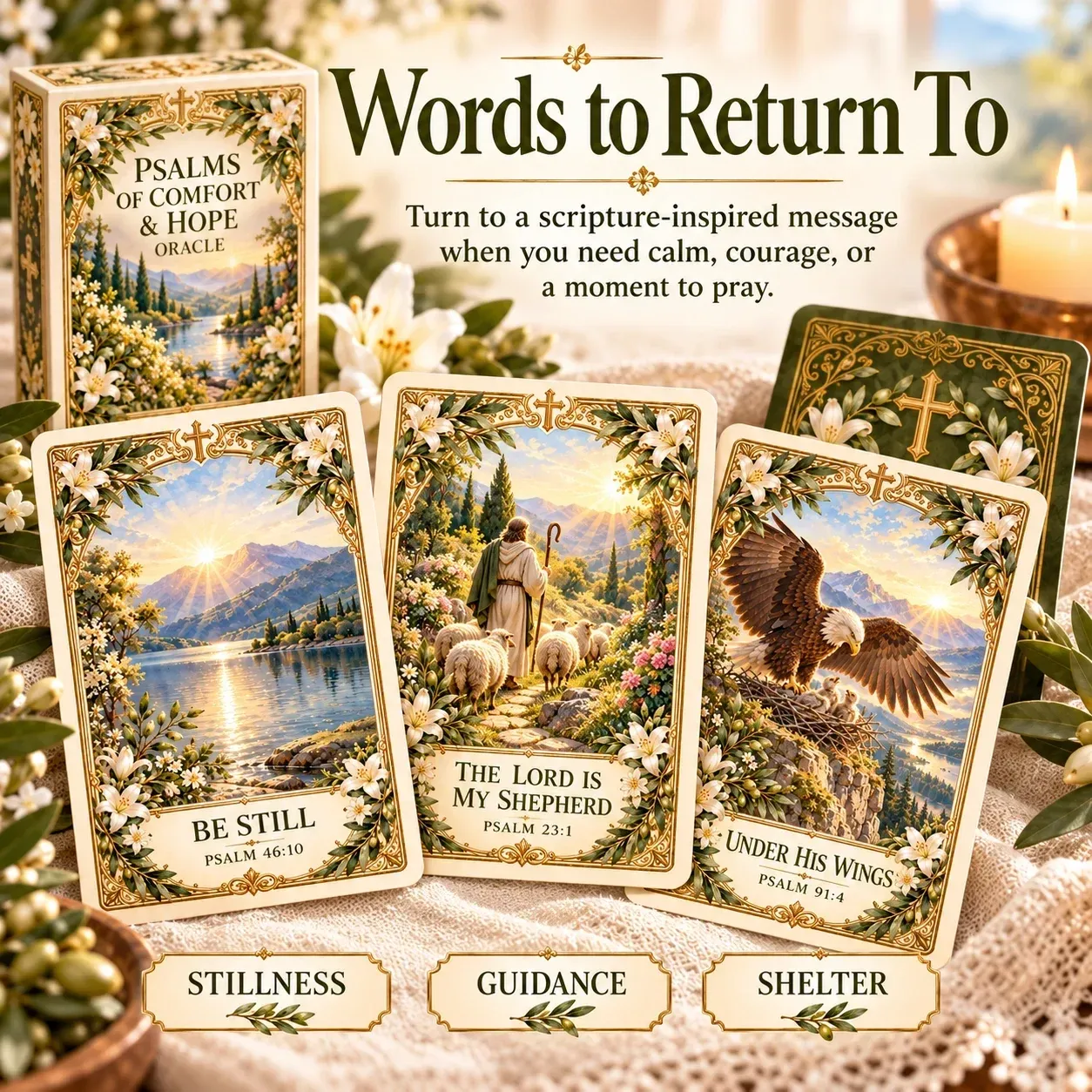 Cards with Be Still, The Lord Is My Shepherd, and Under His Wings messages
