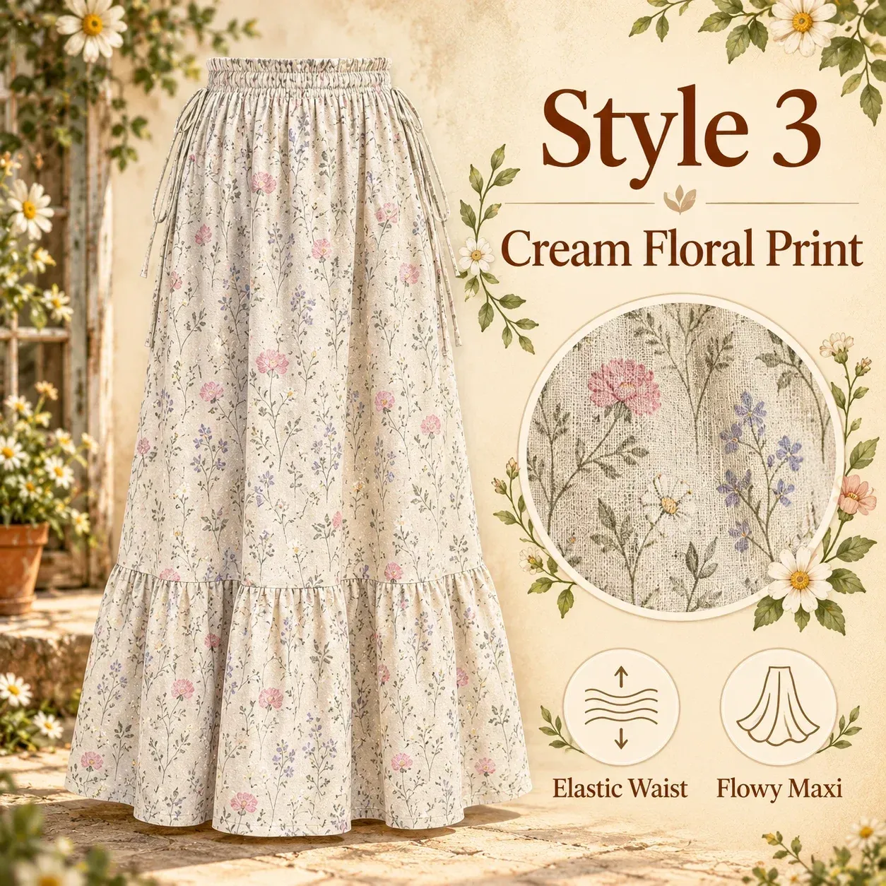 Cream Floral Print floral maxi skirt