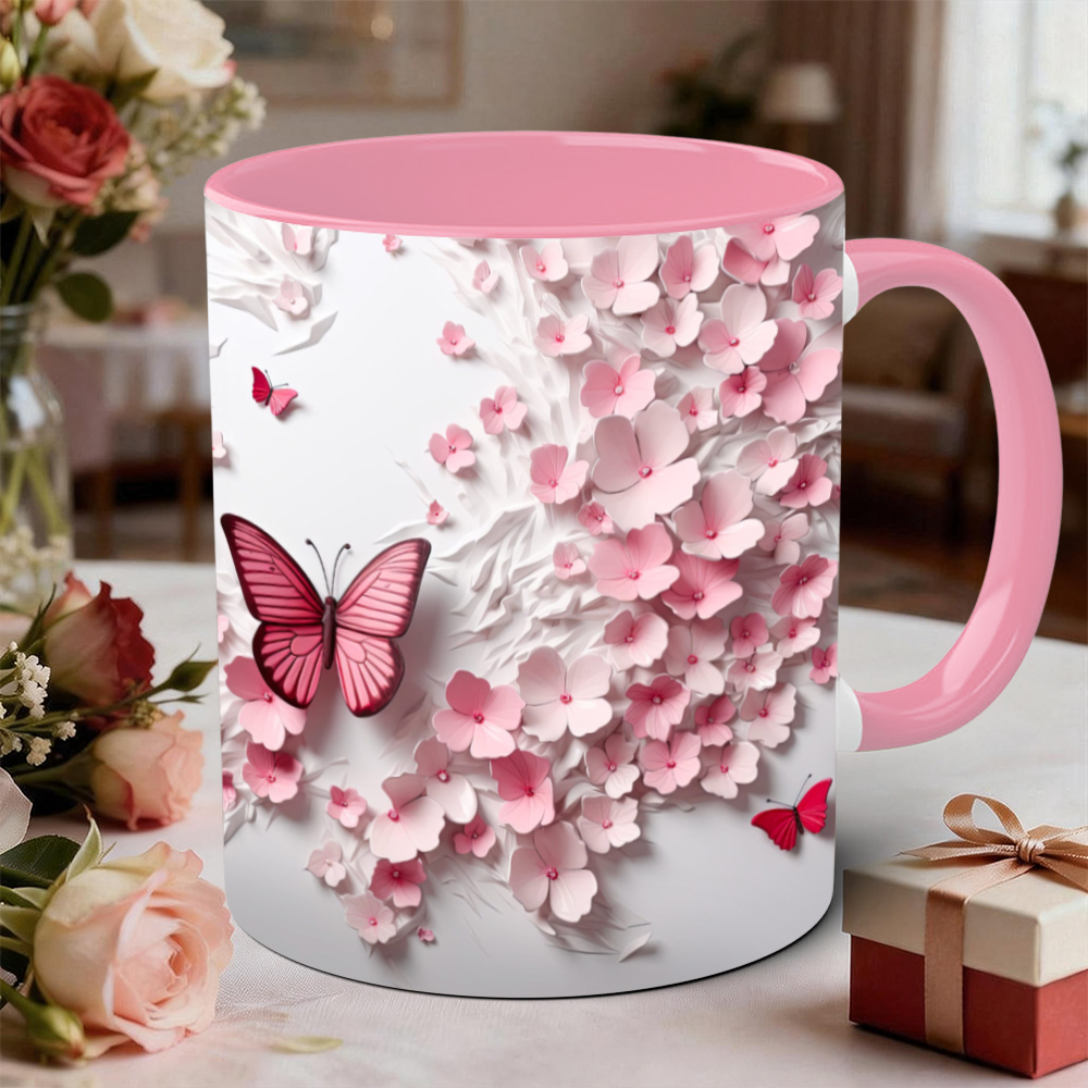 Butterfly And Pink Flower Ceramic Mug | WSMug45