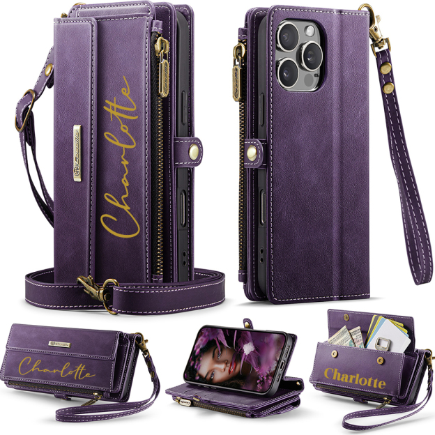 Personalised Monogram Card Holder Zipper Wallet Crossbody Phone Case for iPhone & Samsung | OFCase153