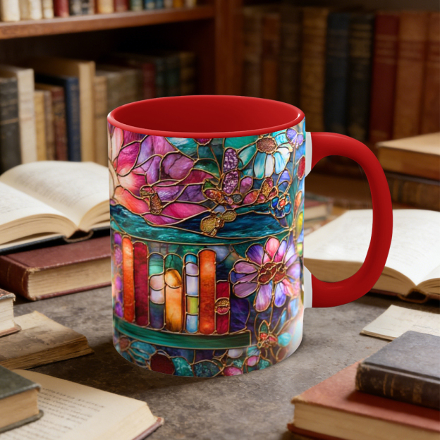 Stained Glass Look Bookshelf Floral Ceramic Mug | WSMug05